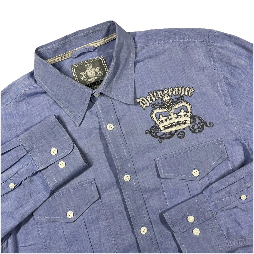 Express Button Up Work Shirt Men's M Roll Tab Sleeve Y2K Front + Back Embroidery